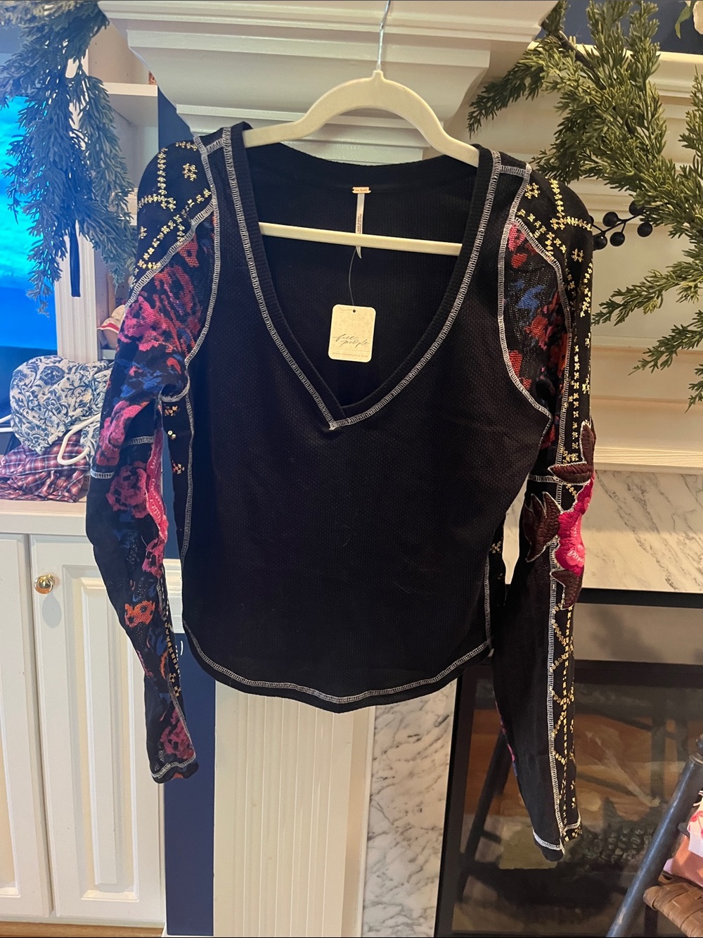 NWT Free People Black V-Neck Cold-Shoulder Top with Floral Sleeve Embroidery - Picture 7 of 7